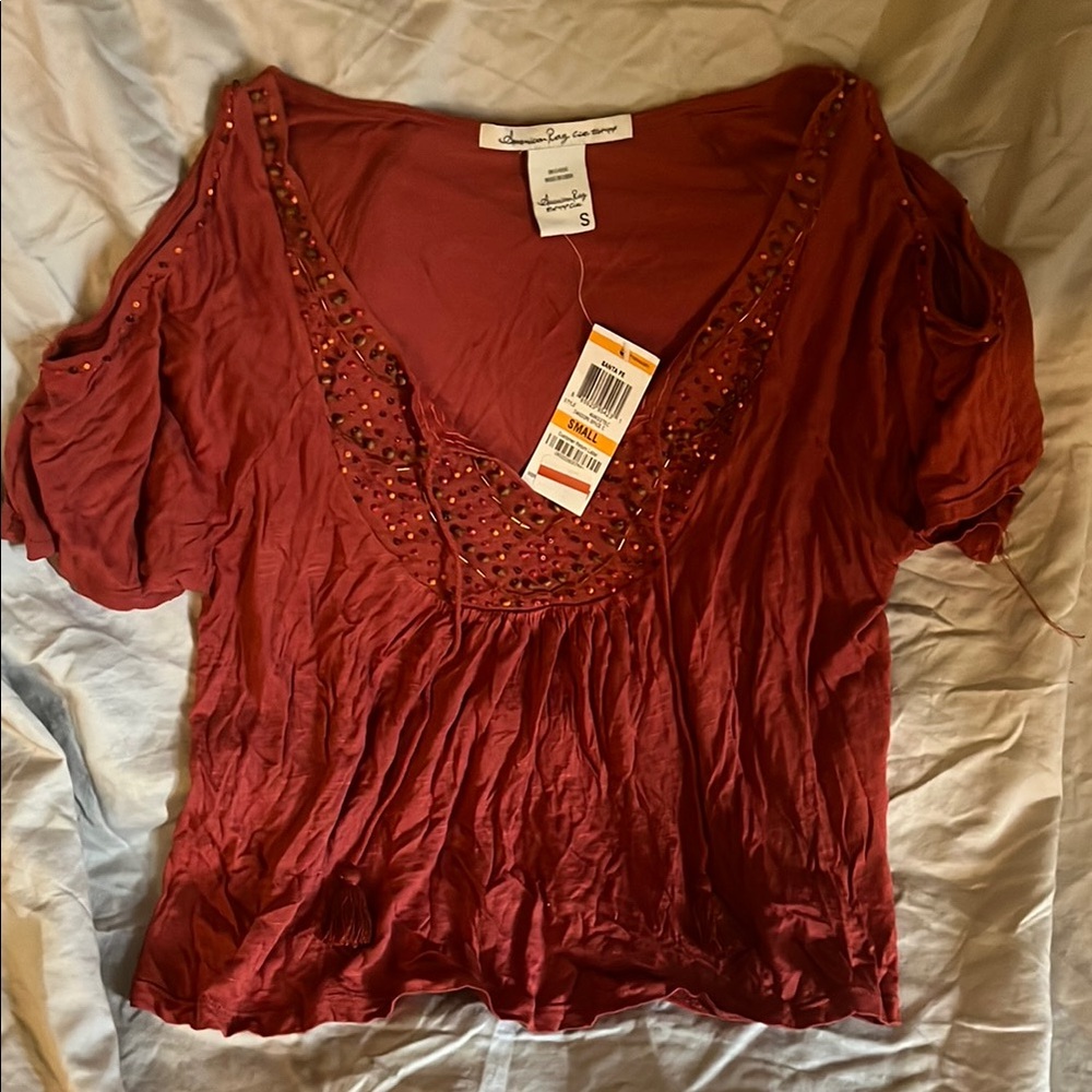 American Rag Red Cropped Embellished Blouse
